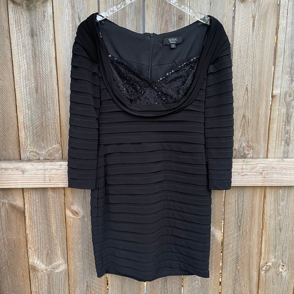 Tadashi Collection Women Mini Cocktail Dress Sequined Cowl Neckline Black Small